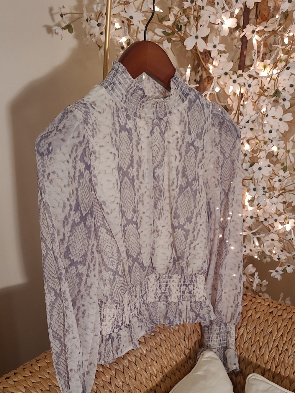 Japna Smocked High-Neck Python-Print Blouse - Cream & Gray - Picture 2 of 5